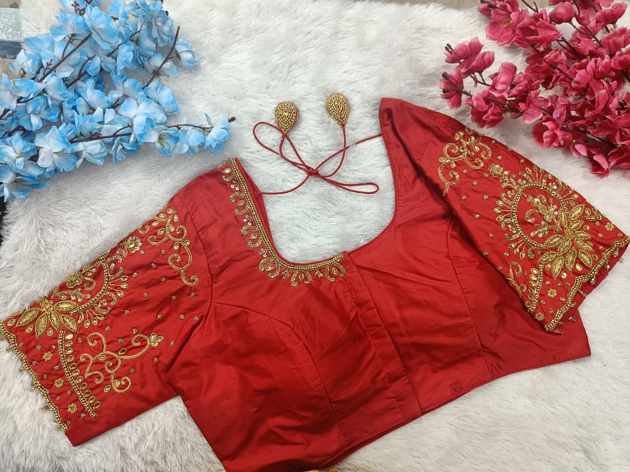 Bridal Blouse with Heavy Gold Embroidery Sleeves