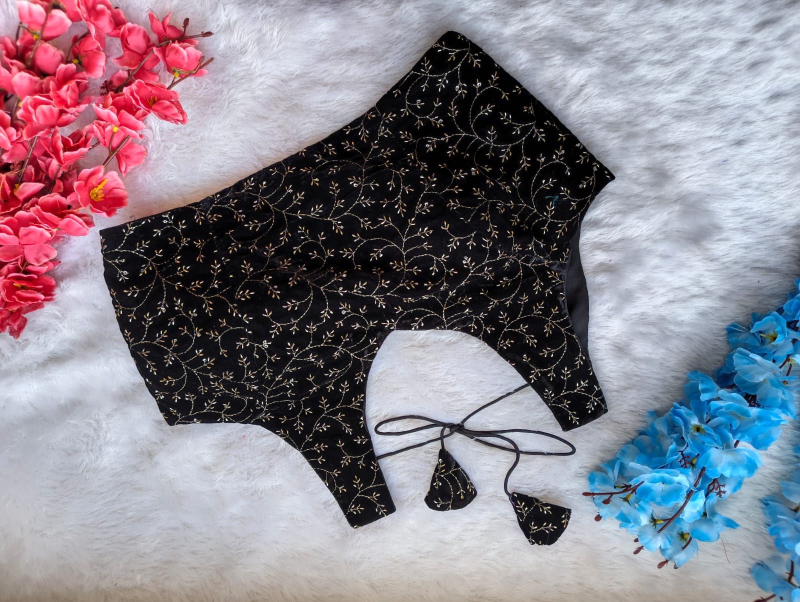 Velvet Embroidered Tie-Up Blouse