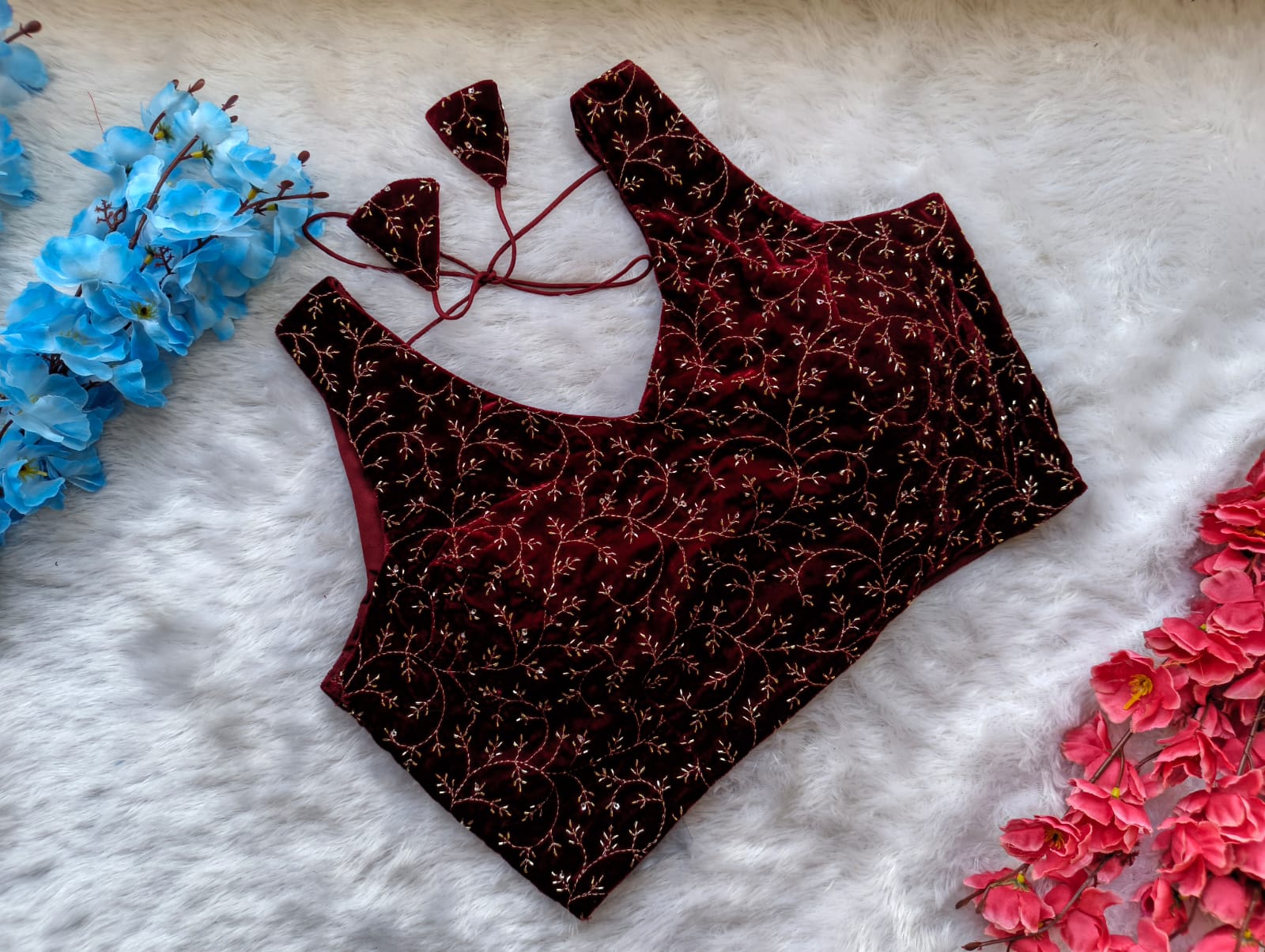 Velvet Embroidered Tie-Up Blouse