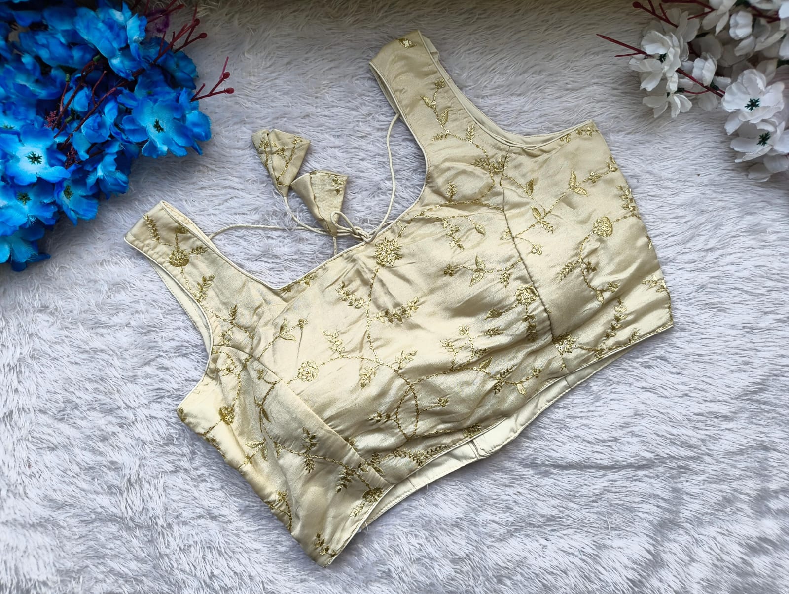Satin Silk Blouse with Intricate Gold Floral Embroidery