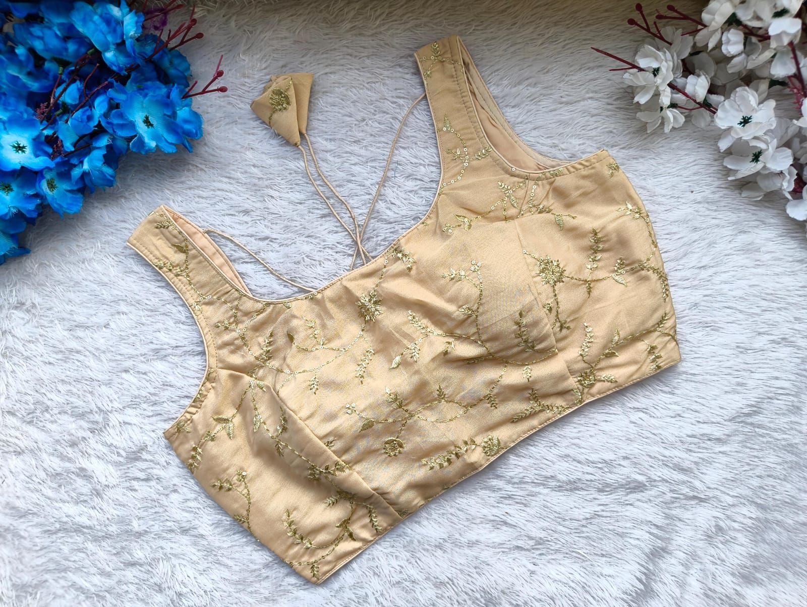 Satin Silk Blouse with Intricate Gold Floral Embroidery