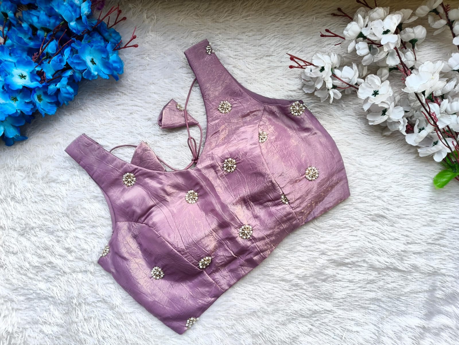 Tissue Silk Blouse with Hand-Embellished Pearl Buttis