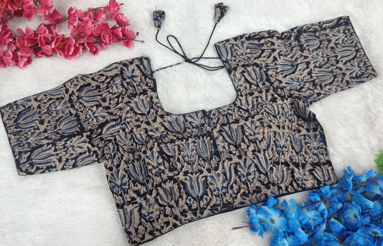 Kalamkari Print Designer Blouse with Elbow Sleeves