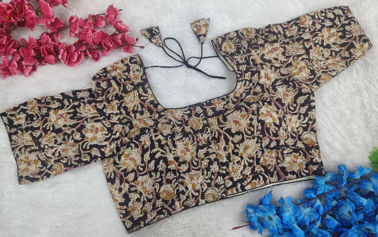 Kalamkari Print Designer Blouse with Elbow Sleeves