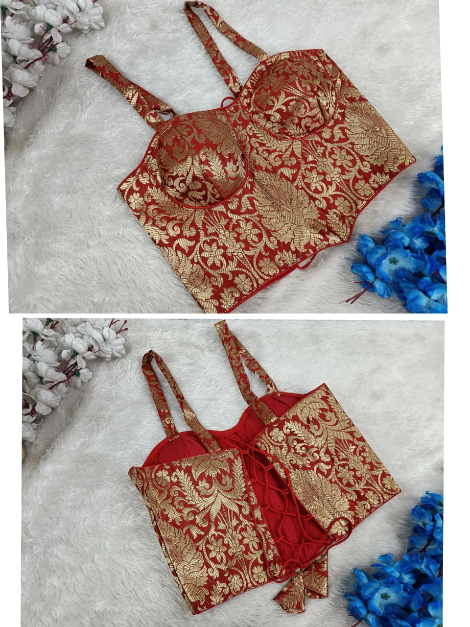 Red & Gold Brocade Padded Bollywood Blouse with Tie-Up Back