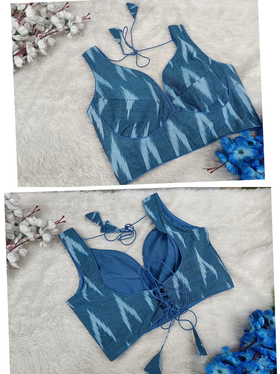 Ikat Print Blouse with Tie-Up Back Sleeve Less