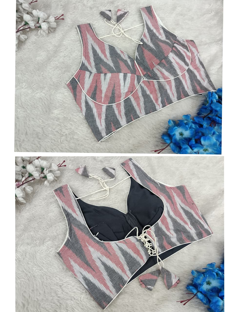 Ikat Print Blouse with Tie-Up Back Sleeve Less