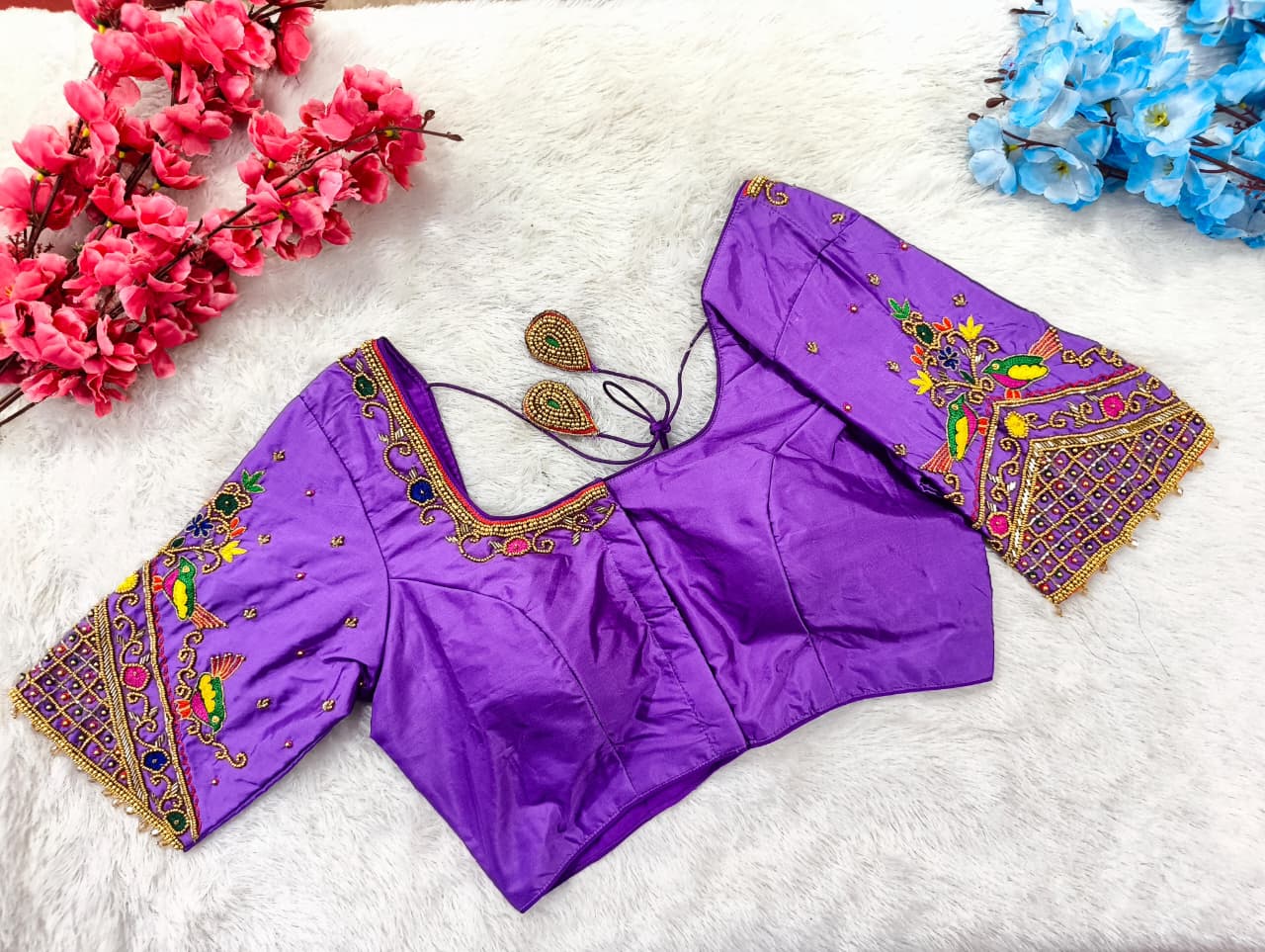 Bridal Silk Blouse with Multicolor Peacock Aari Work