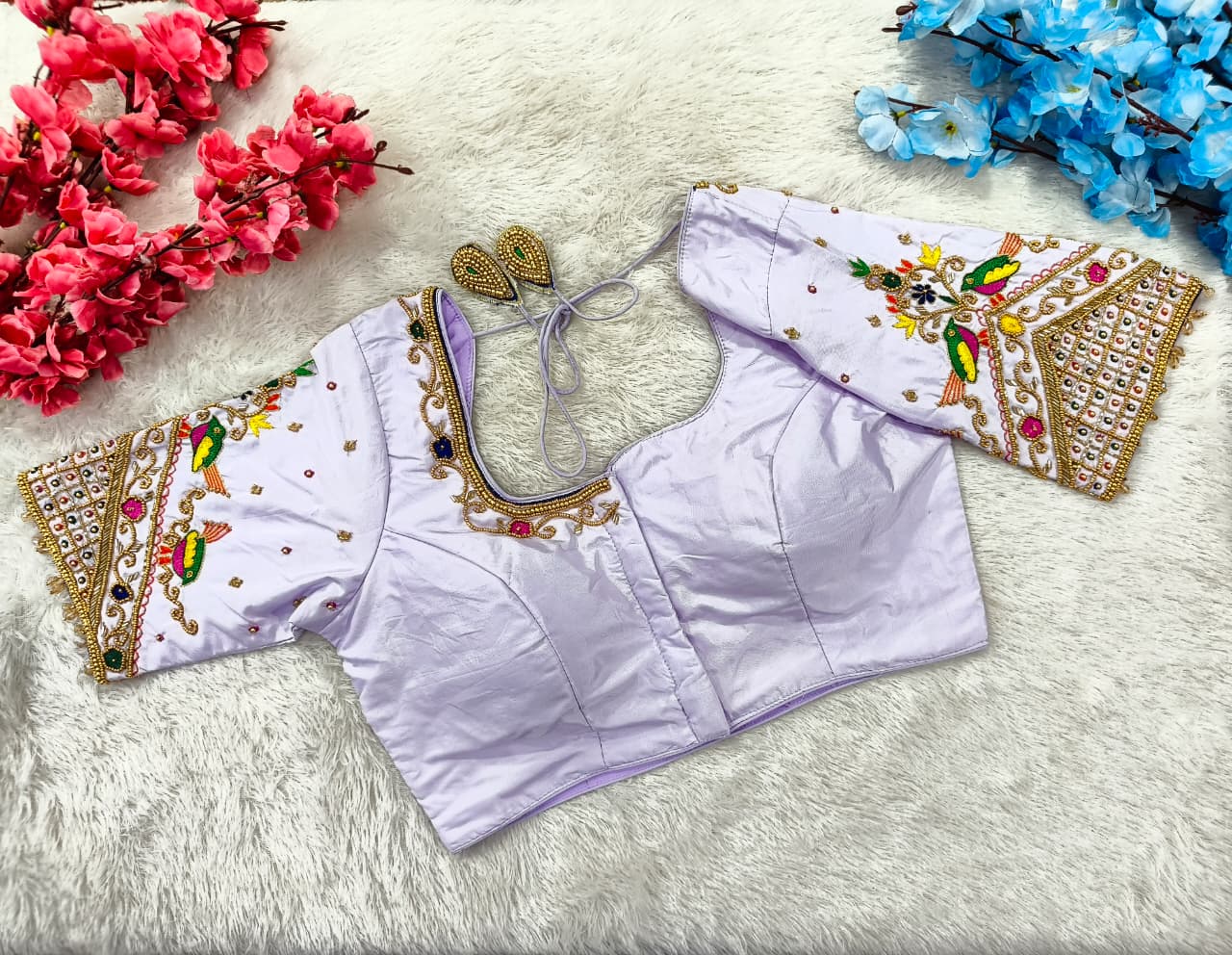 Bridal Silk Blouse with Multicolor Peacock Aari Work