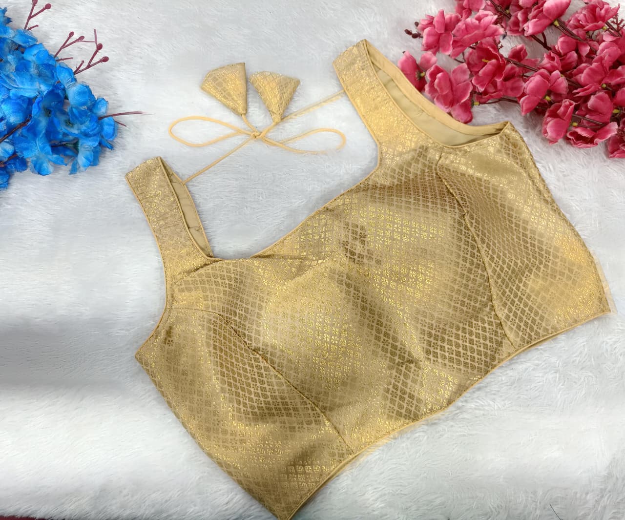 Jacquard Sleeveless Blouse with Back Tie-Up