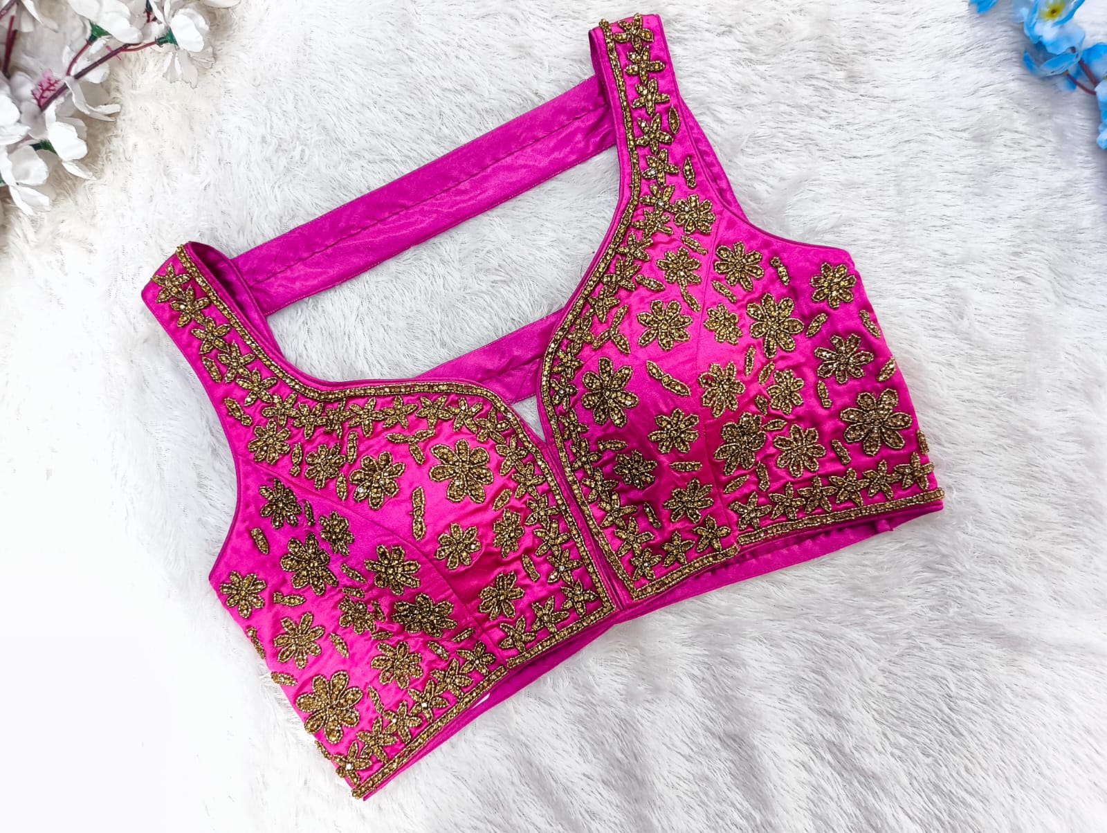 Bollywood Midnight Blue Gold Zari Floral V-Neck Blouse