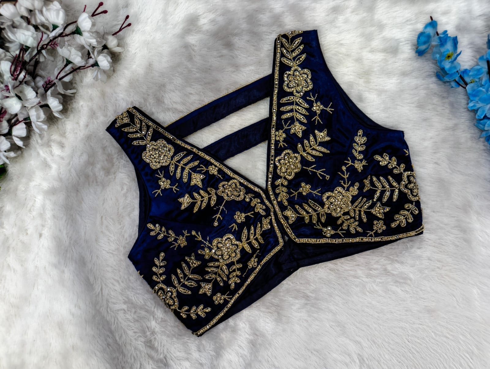Bollywood Midnight Blue Gold Zari Floral V-Neck Blouse