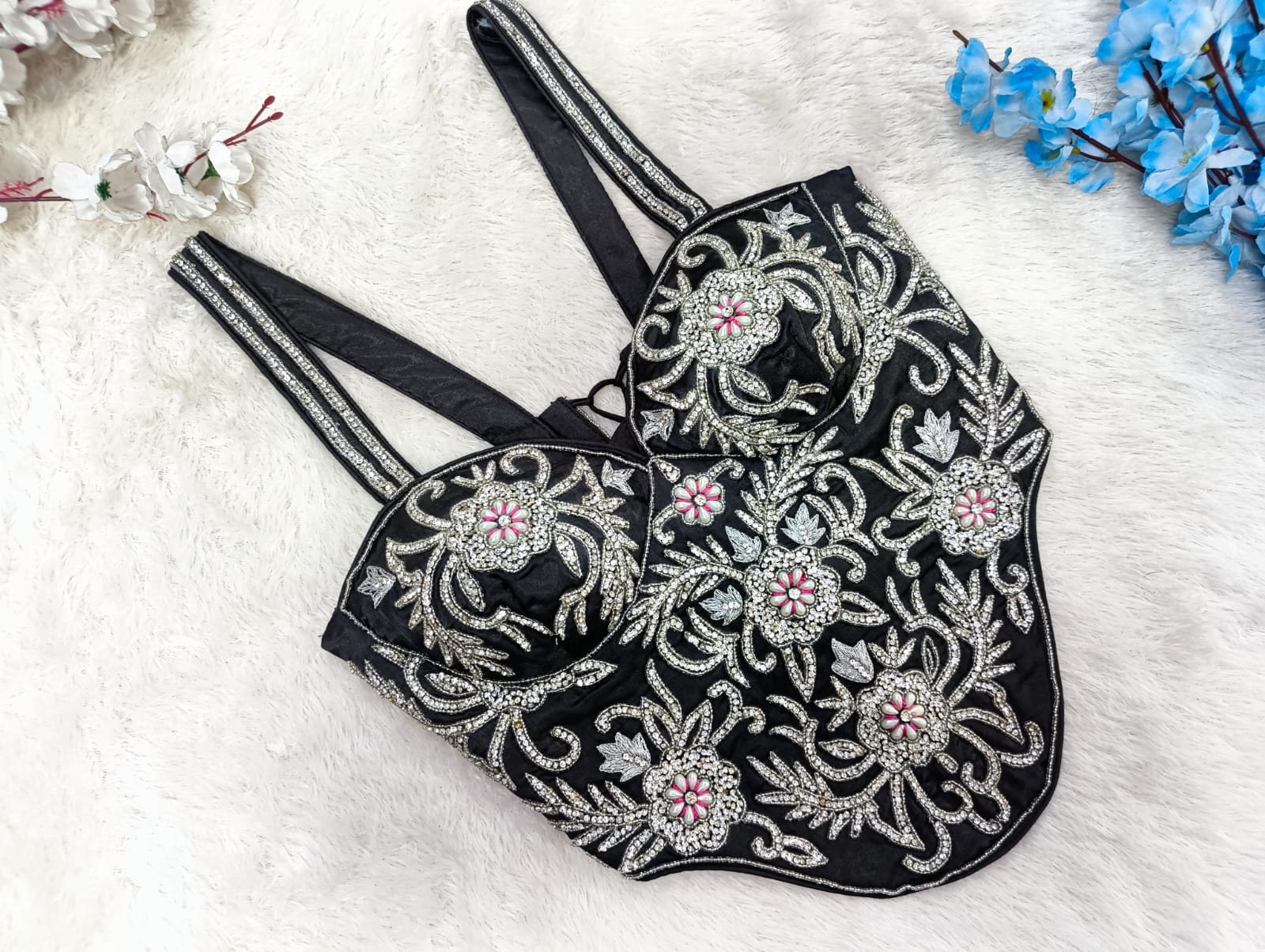 Bollywood Beaded Corset Blouse with Pink Accents
