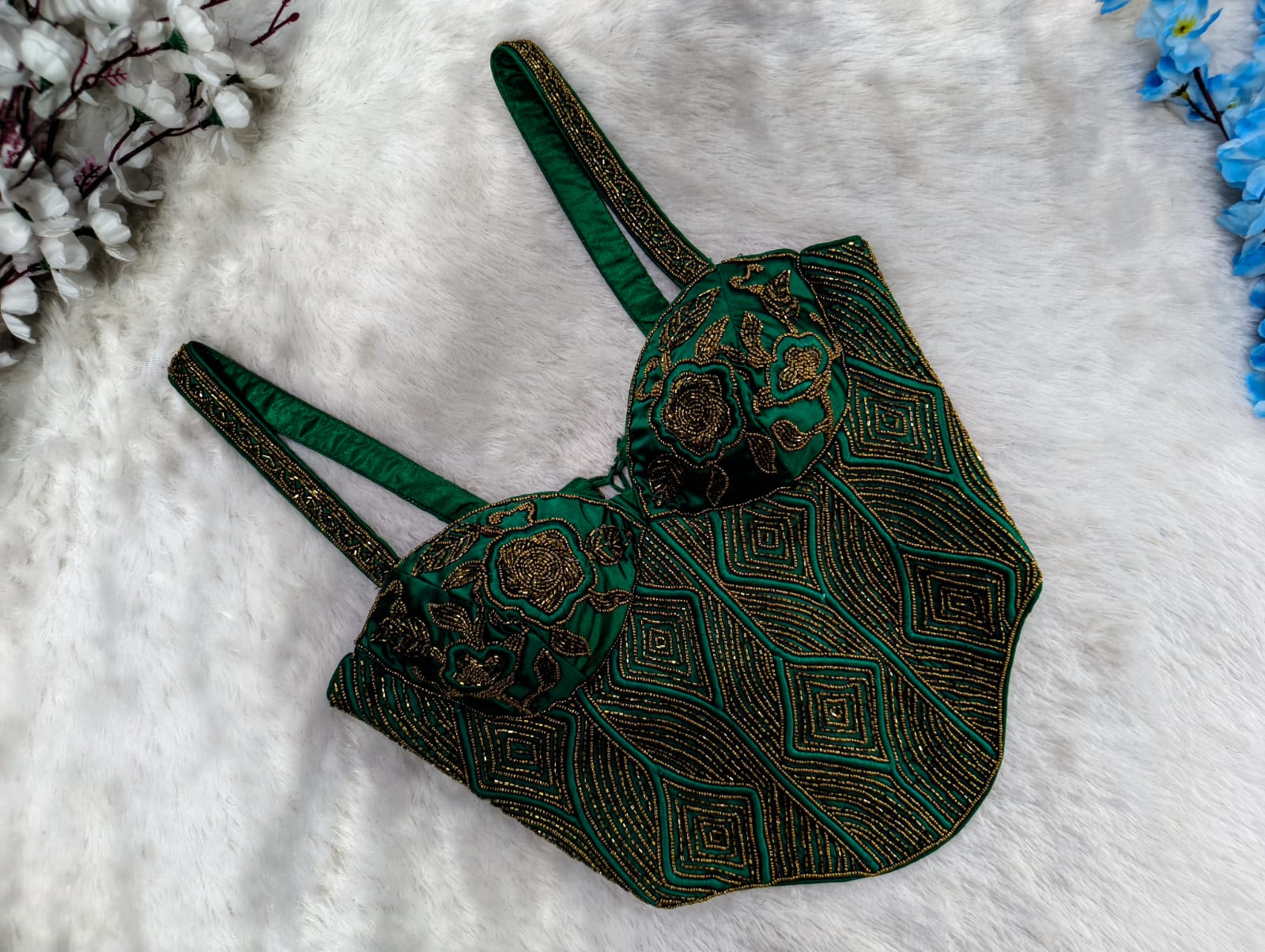 Bollywood Emerald & Gold Geometric Beaded Corset Blouse