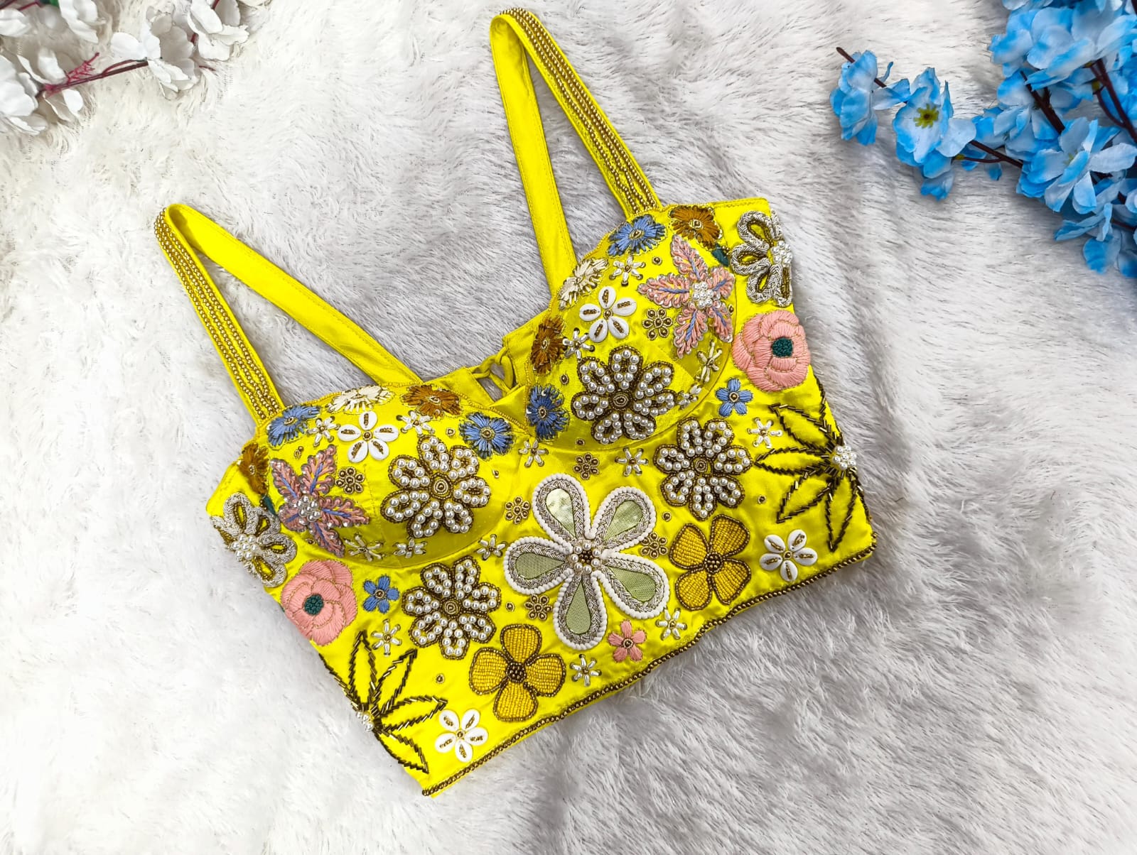 Bollywood Hot 3D Floral Pearl Embroidered Bustier Blouse