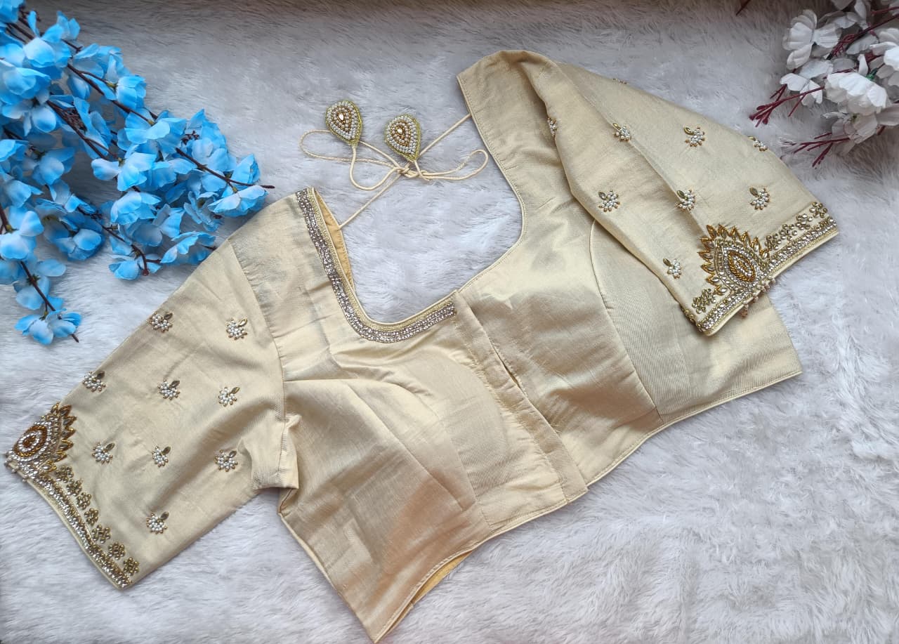 Bridal Silk Designer Saree Blouse with Embellished Sleeves and Dori Back