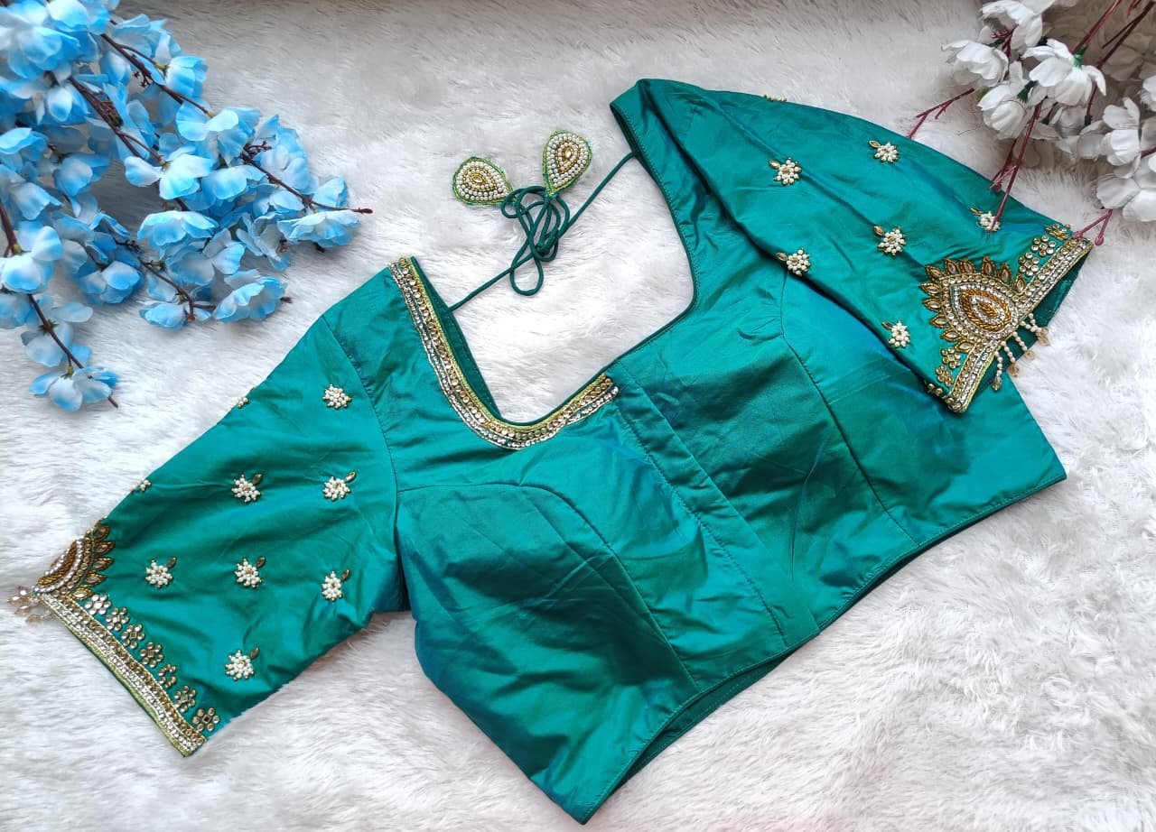 Bridal Silk Designer Saree Blouse with Embellished Sleeves and Dori Back