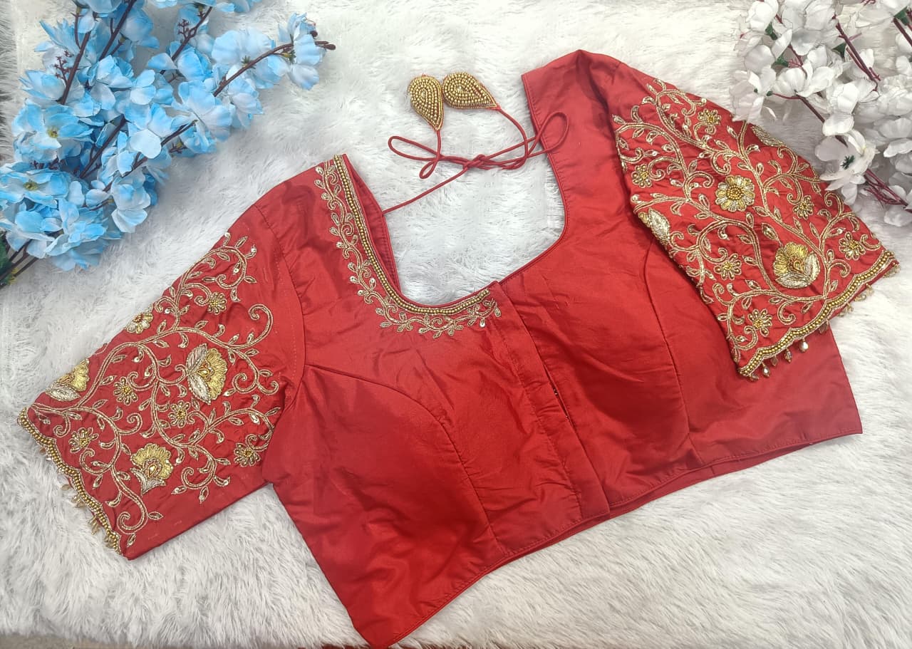 Bridal Silk Embroidered Blouse with Heavy Sleeve Work – Designer Wedding & Festive Wear