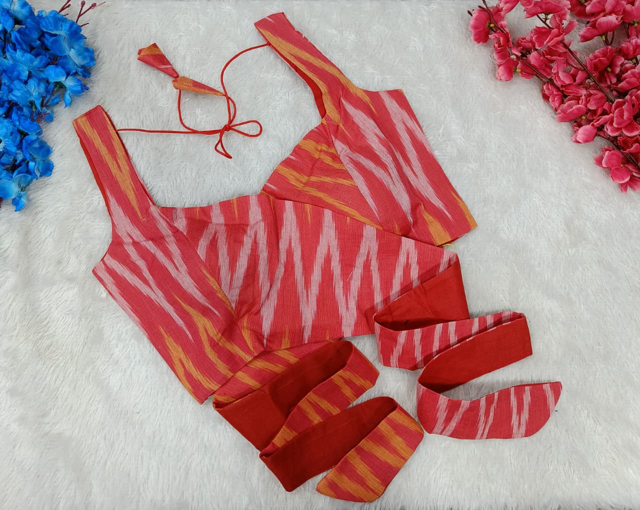 Party wear Ikat Wrap Style Blouse with Tie-Up Back & Waist Belt