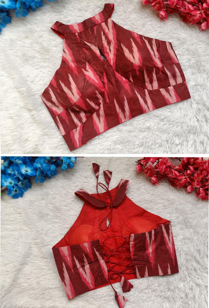 Regular Halter Neck Ikat Print  Blouse with Lace-Up Back