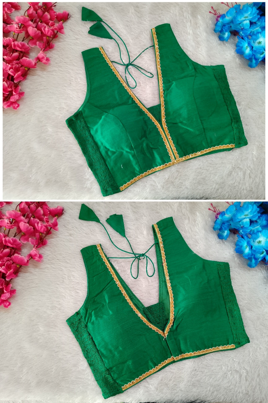 Party Wear Silk Blouse with Lace Border & Back Dori