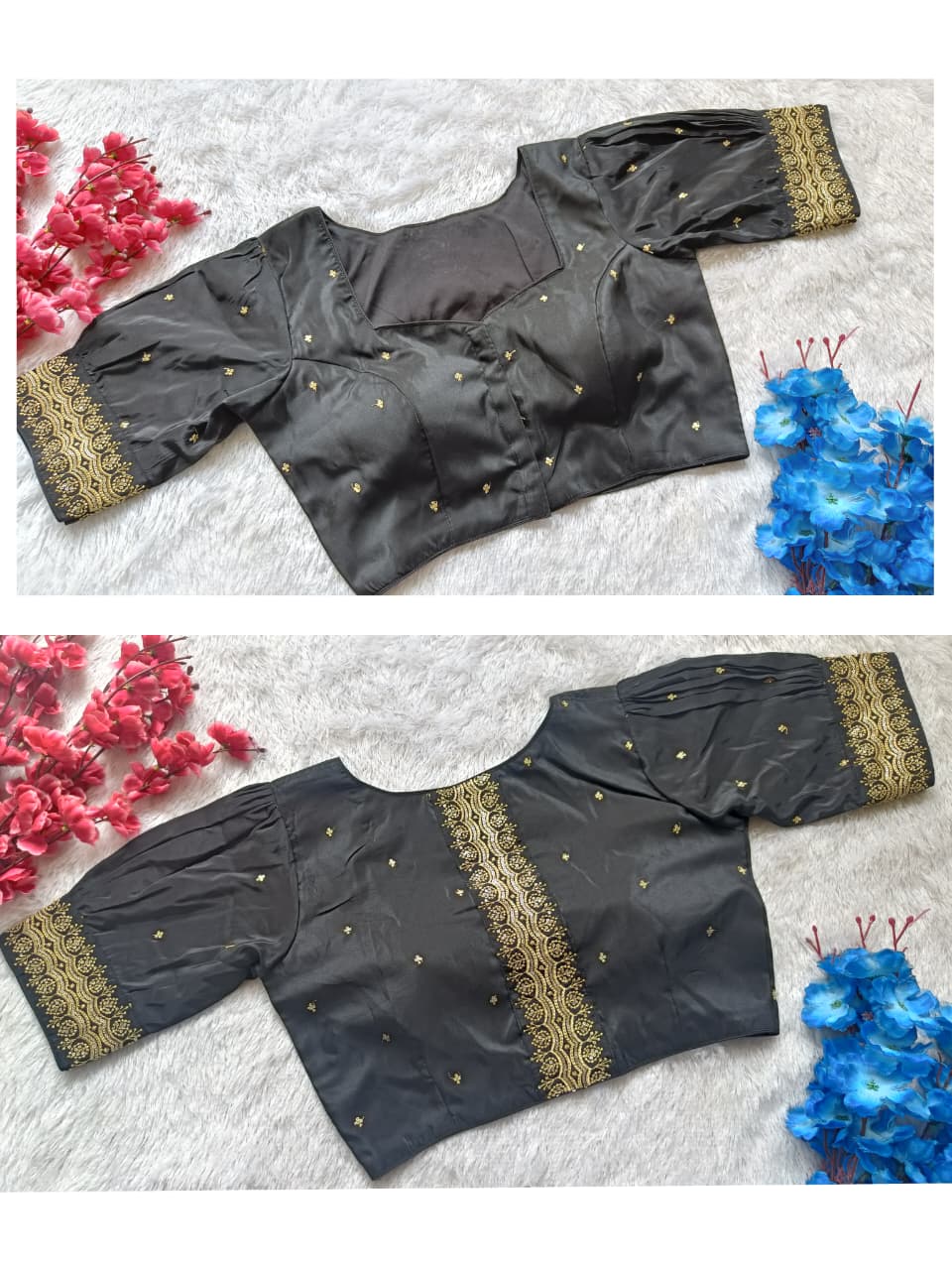 Silk Designer Blouse with Puff Sleeves & Zari Work Pattern Patti