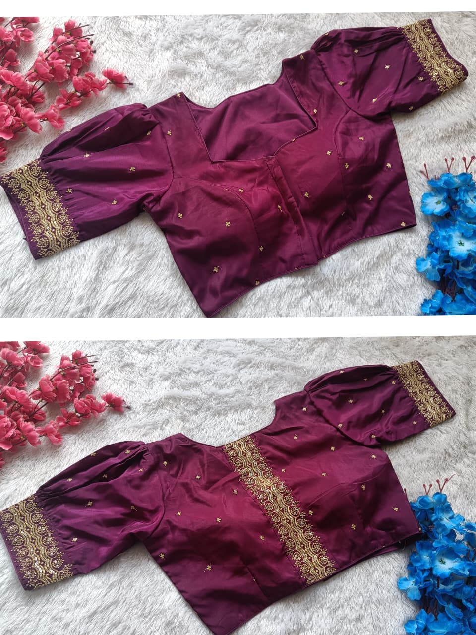 Silk Designer Blouse with Puff Sleeves & Zari Work Pattern Patti