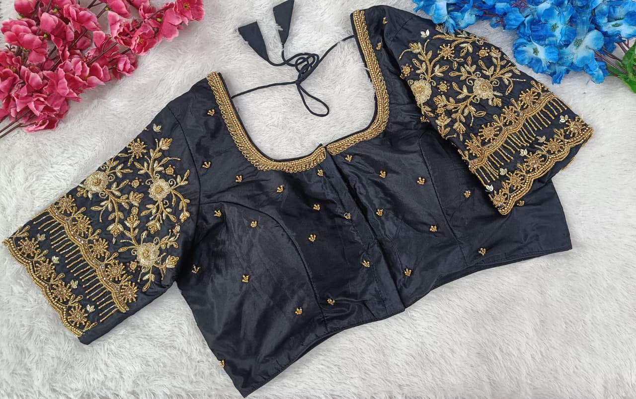 Bridalwear Silk Blouse with Heavy Embroidered Sleeves