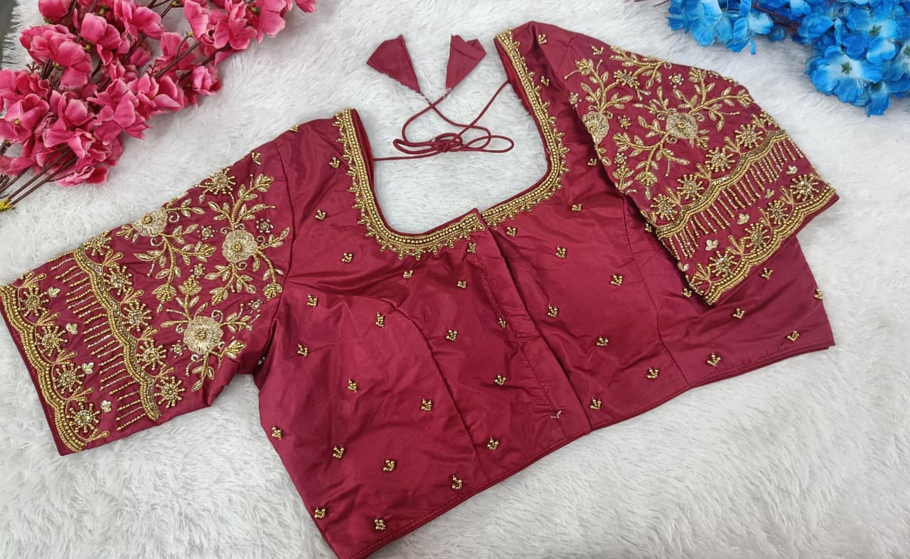 Bridalwear Silk Blouse with Heavy Embroidered Sleeves