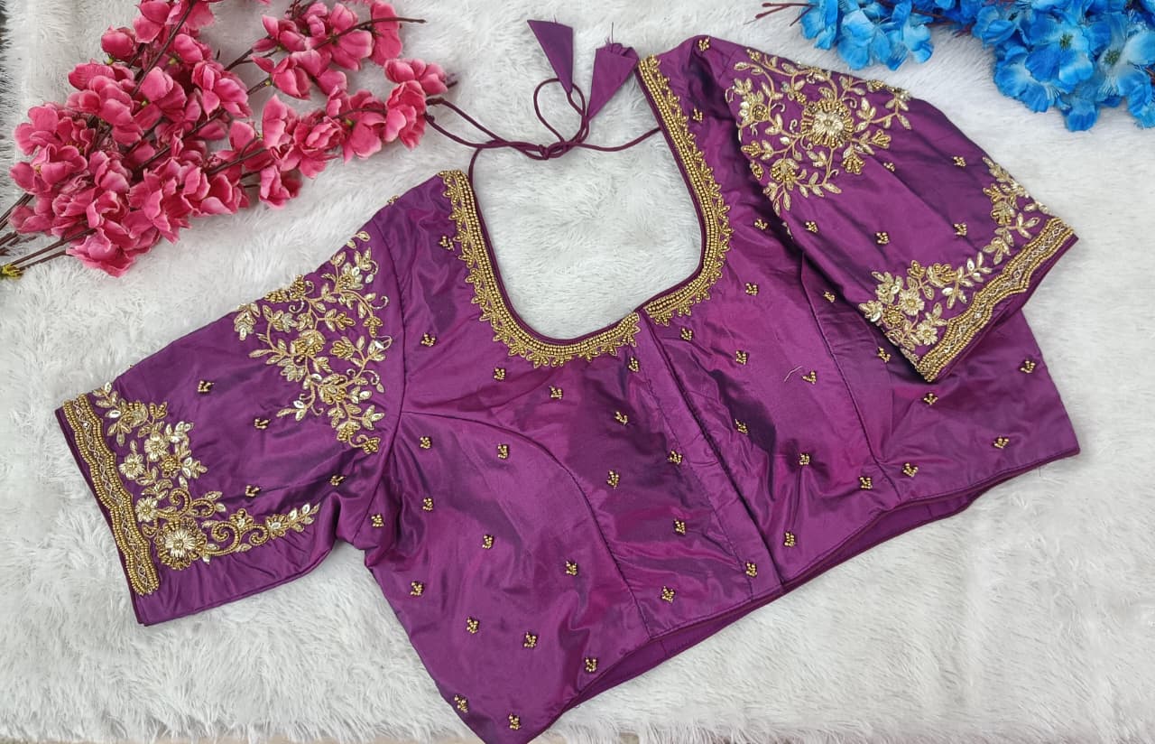 Bridalwear Designer Blouse with Heavy Floral Embroidered Sleeves