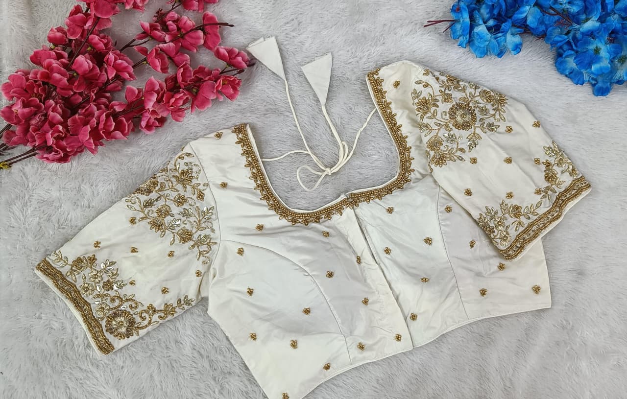 Bridalwear Designer Blouse with Heavy Floral Embroidered Sleeves