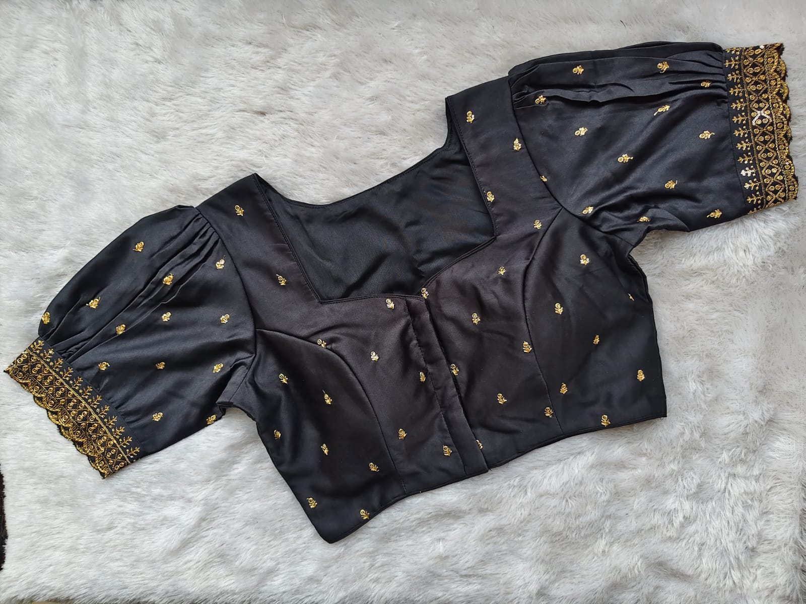 Premium Jacquard Puff Sleeve Blouse with Embroidered Back